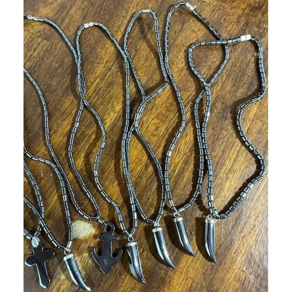 8Pc Hematite Pendant Necklace Lot Horn Cross Anchor Fish Beaded Boho